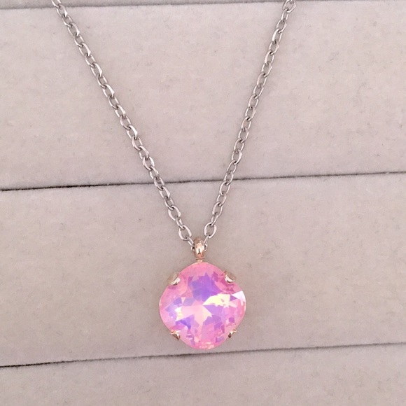 Jewelry - Pink Opal Aurora Borealis + Silver Cushion Cut Crystal Drop Pendant Necklace